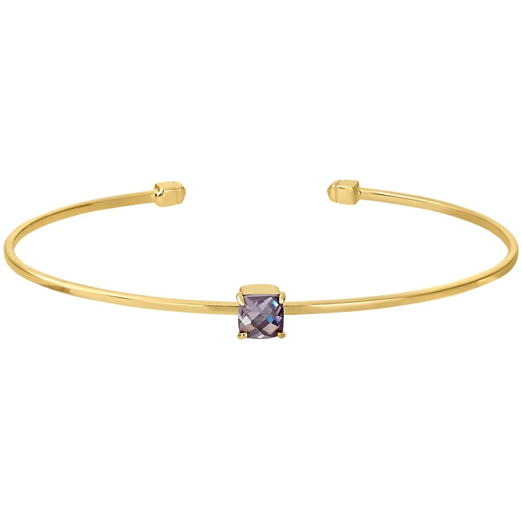 Ladies zen flow bracelets -Gold Finish Sterling Silver Pliable Cuff Bracelet with Faceted Cushion Cut Simulated Light Amethyst Birth Gem - June