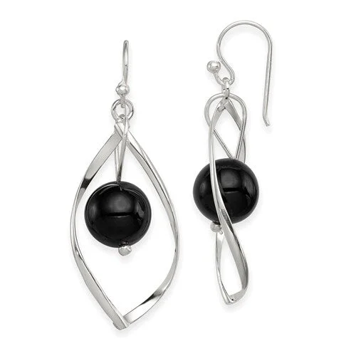 ladies silver earrings emerald stones -Sterling Silver Twist with Onyx Dangle Earrings