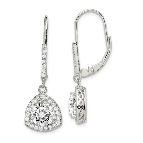 polished finish earrings for women -Sterling Silver CZ Trillion Halo Leverback Earrings