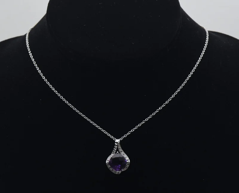 Yoga harmony necklaces -Vintage Amethyst and Rock Crystal Sterling Silver Pendant on Sterling Chain Necklace - 18"