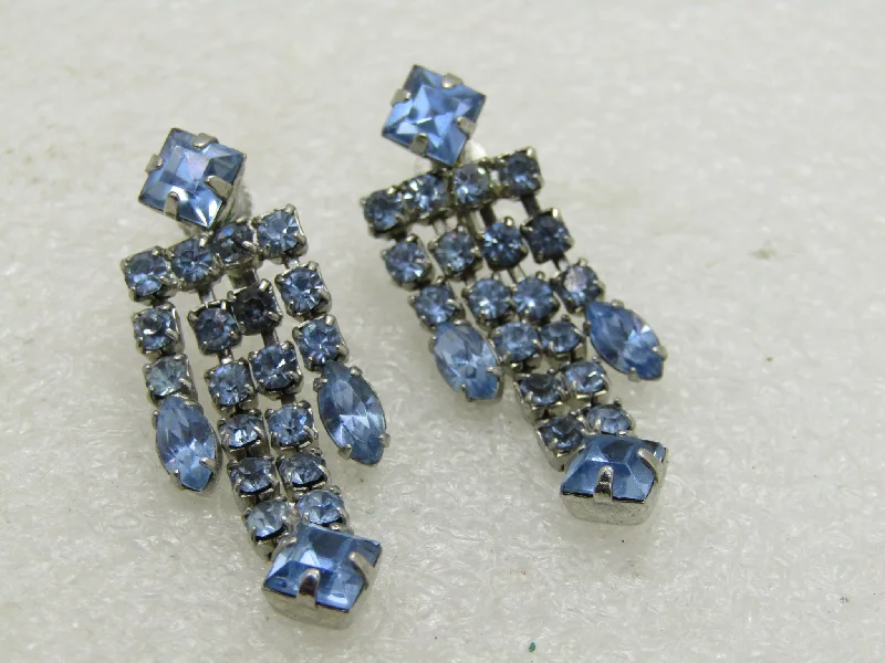 polished silver earrings for women -Vintage Blue Rhinestone Stud Dangle Earrings, Screw Back, Silver Tone, 1.75"