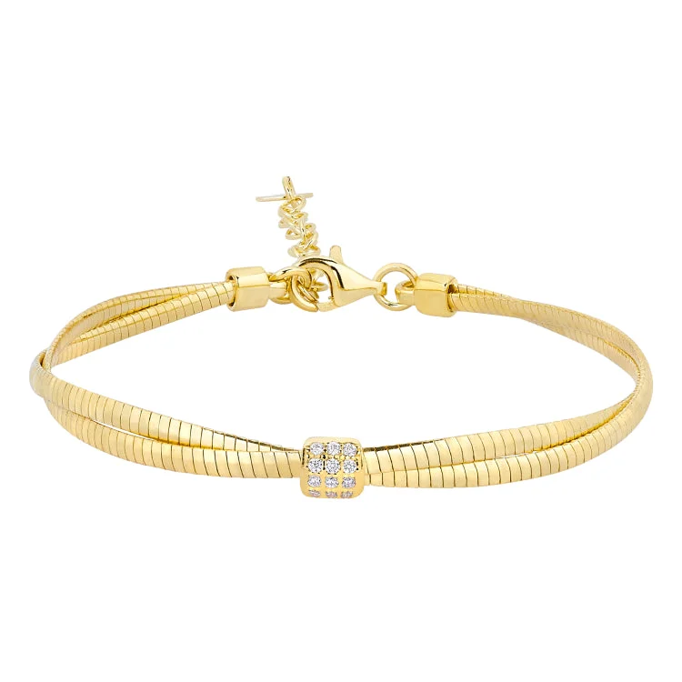 Ladies rough texture bracelets -Gold Finish Sterling Silver Micropave Double Omega Bracelet with a Central Square with Simulated Diamonds - Adjustable 7"-8"