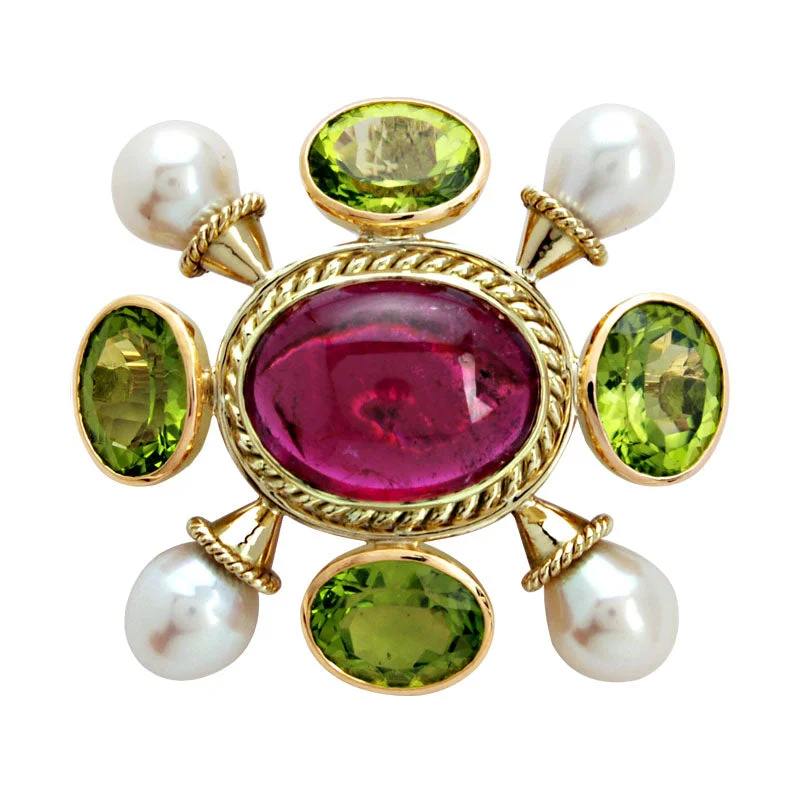 knot design brooch for women -Brooch- Peridot, Pearl And Rubellite