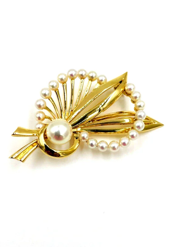 ladies casual brooch for everyday -1950s Mikimoto Pearl Yellow Gold Brooch