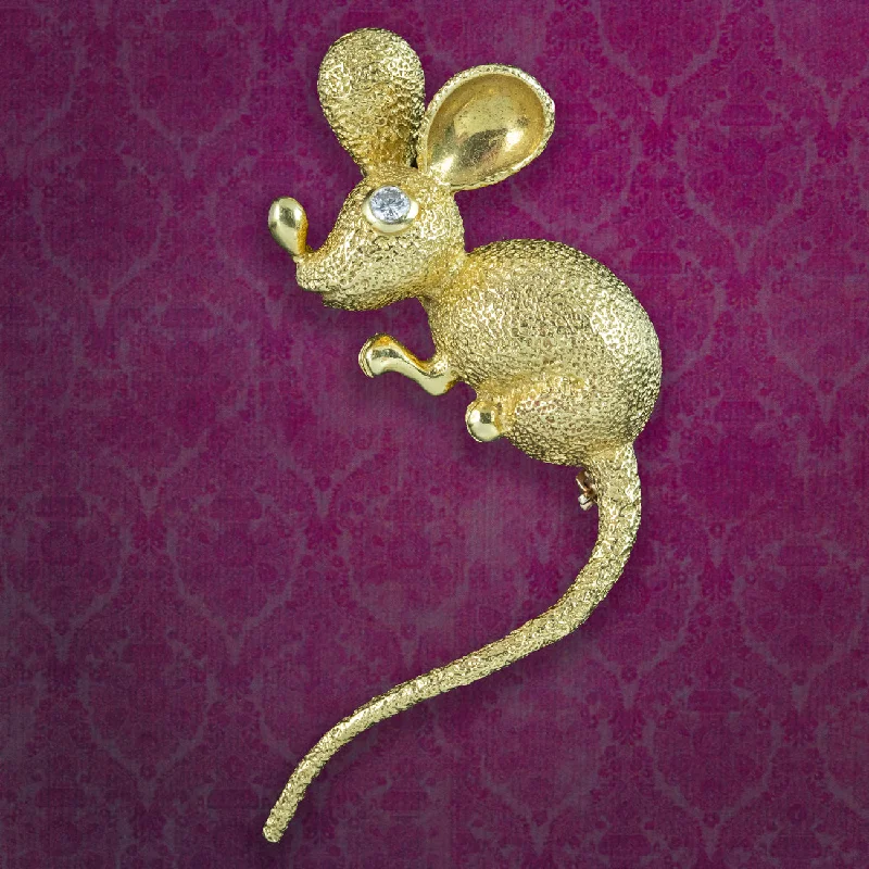 striped texture brooch for women -Vintage Mouse Brooch 18ct Gold Diamond Eye