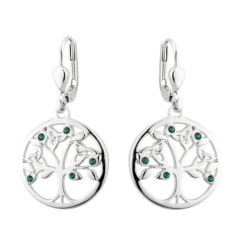 polished silver earrings for women -Solvar Rhodium Plated Crystal Tree Of Life Drop Earrings