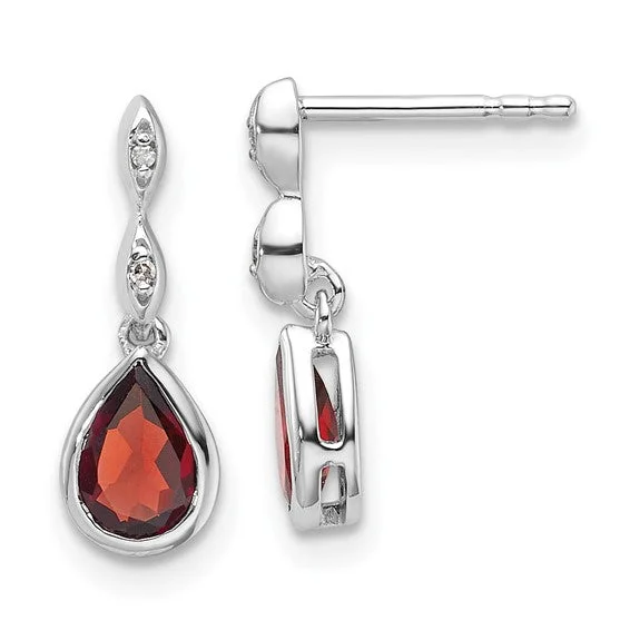 ladies gold earrings peacock motifs -Sterling Silver White Ice Diamond and Garnet Teardrop Earrings