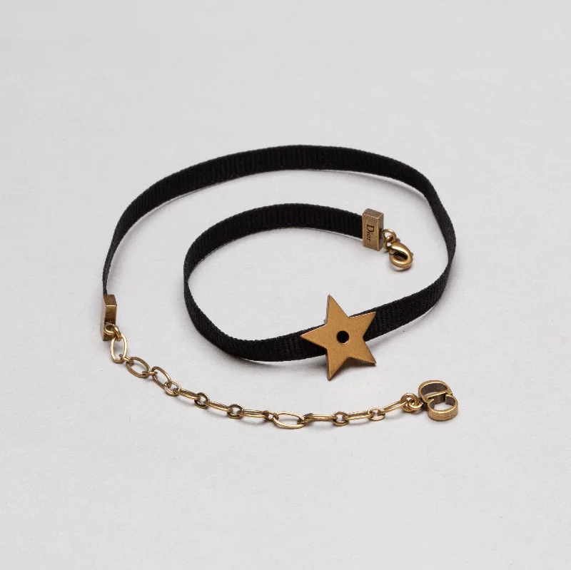 Coin charm necklaces -Vintage Christian Dior Black Grosgrain Ribbon Star Choker Necklace