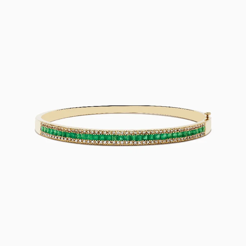 Ladies halo accent bracelets -14K Yellow Gold Emerald and Diamond Bangle, 2.97 TCW