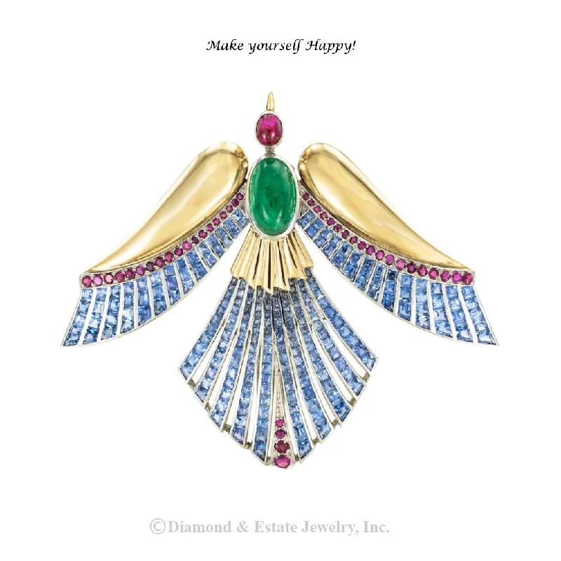 tribal brooch for women unique -Emerald Ruby Sapphire Gold Phoenix Bird Clip Brooch