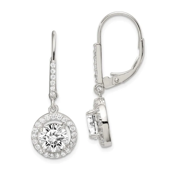 ladies gem earrings love themes -Sterling Silver Round Halo CZ Leverback Earrings