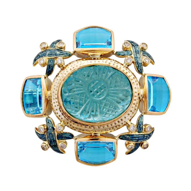 hammered texture brooch for women -Brooch-Aquamarine, Blue Topaz and Diamond (Enamel)