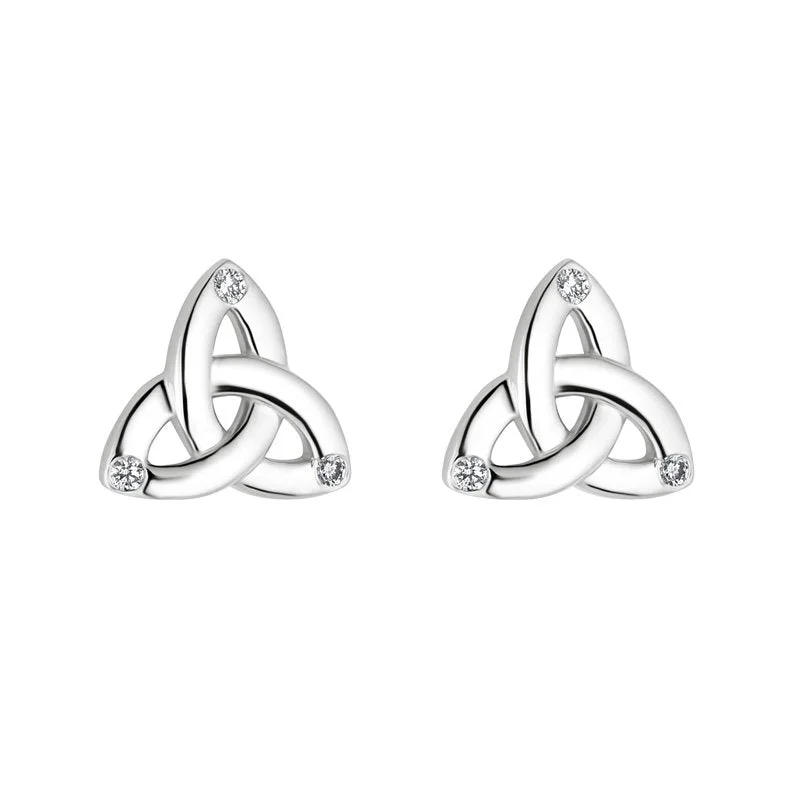 ladies gem earrings boho style -14k White Gold Flush Diamond Trinity Knot Earrings