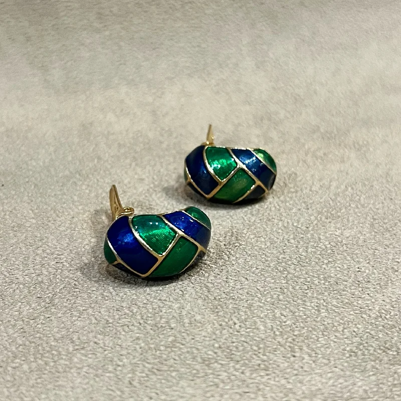 polished gold earrings for women -Vintage Blue and Green Enamel Clip On Half Hoop Earrings Gold Plated