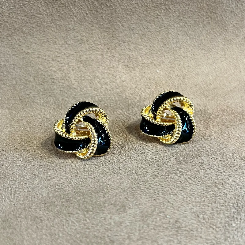 woven pattern earrings for women -Black Enamel Vintage Clip On Knot Earrings