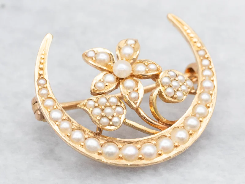 ladies yellow gold brooch dots -Art Nouveau Seed Pearl Moon and Flower Brooch