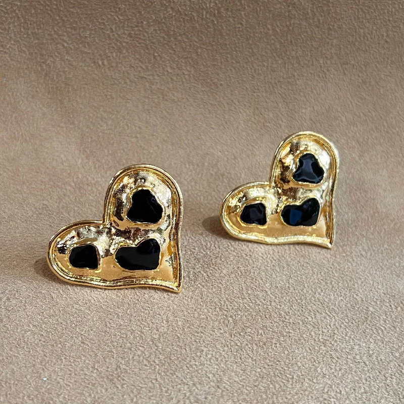 ladies silver earrings iolite stones -Vintage Black Enamel Gold Plated  Heart Clip on Earrings