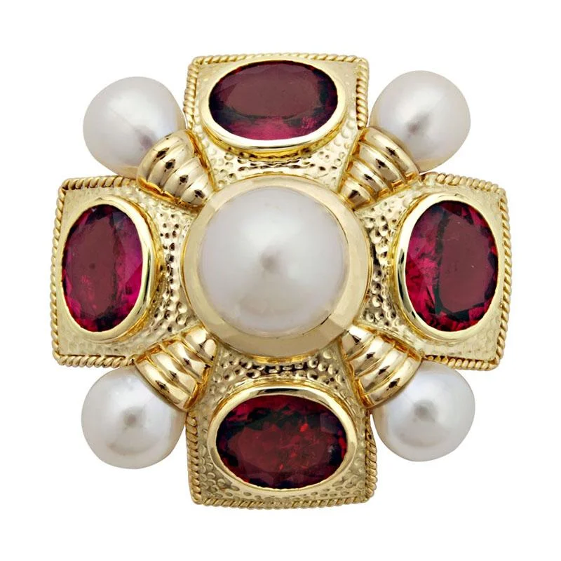 gold moon design brooch for women -Brooch-Rubellite and Pearl  (1844A)