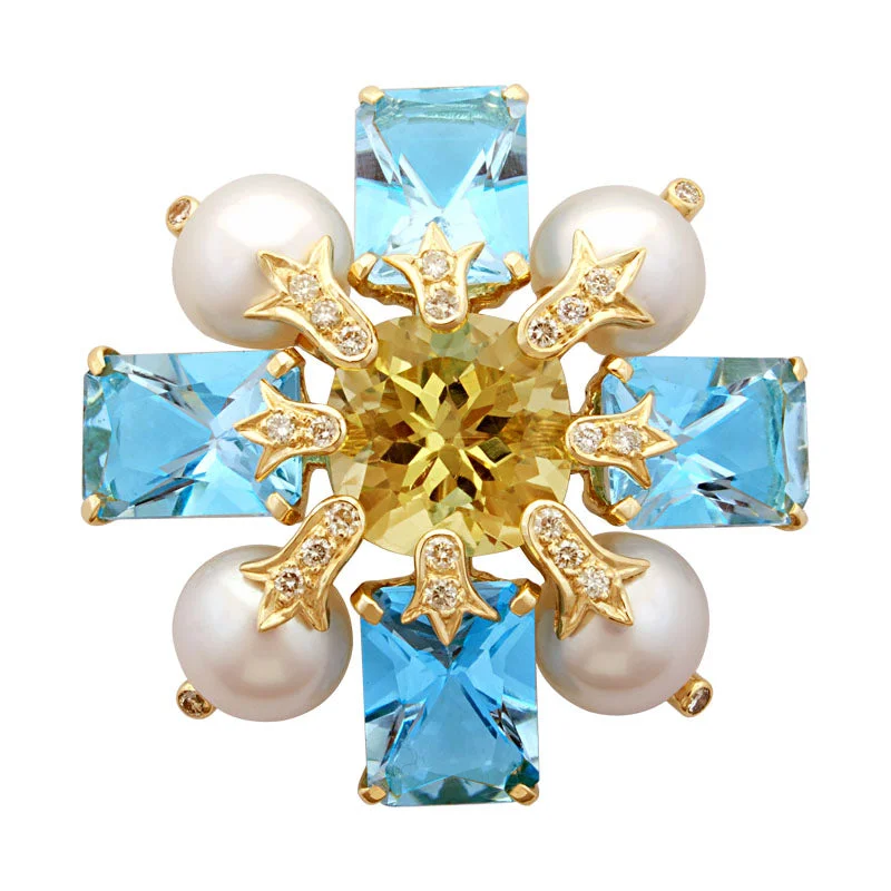 twisted design brooch for women -Brooch-Lemon Quartz, Blue Topaz, Pearl and Diamond