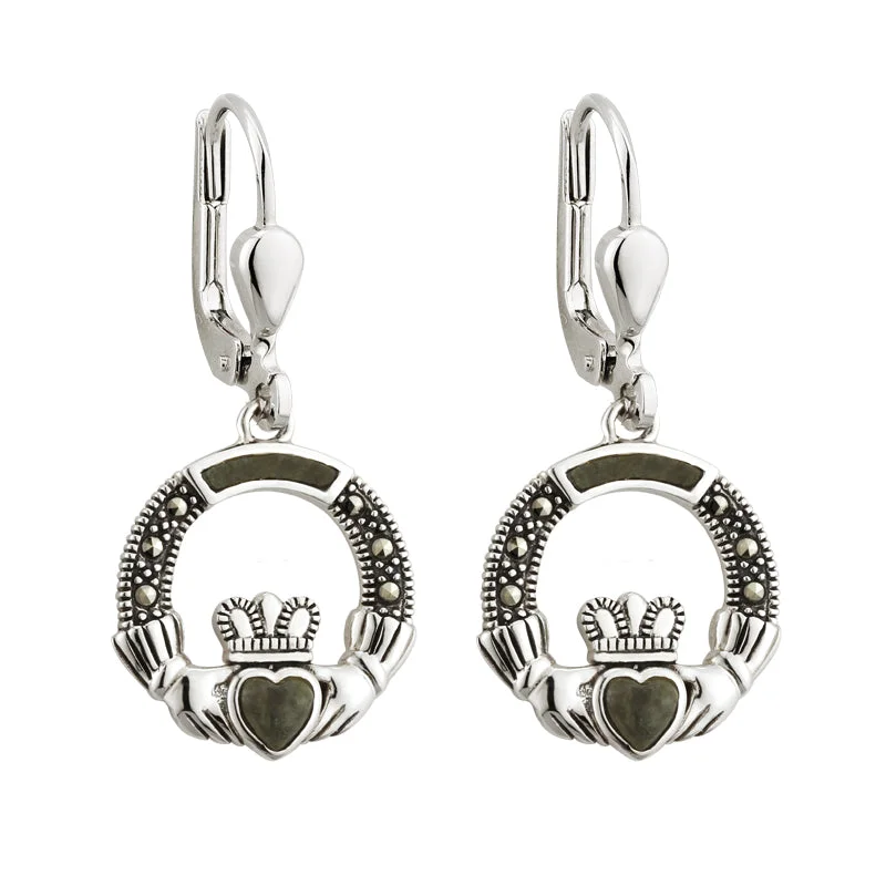 ladies silver earrings apatite stones -Connemara Marble Claddagh Earrings