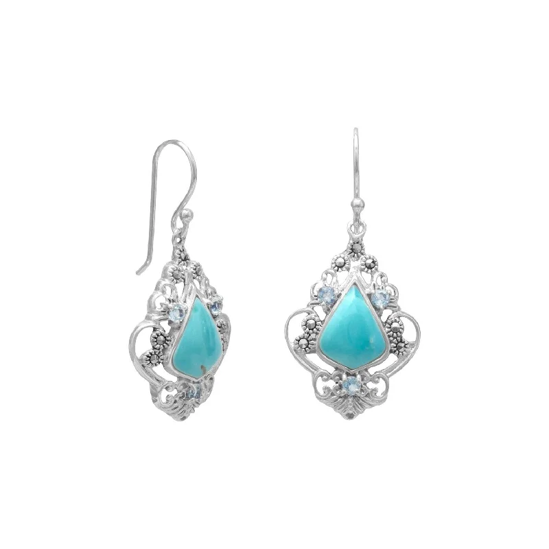 ladies rose gold earrings round stones -Sterling Silver Reconstituted Turquoise, Blue Topaz and Marcasite Dangle Earrings