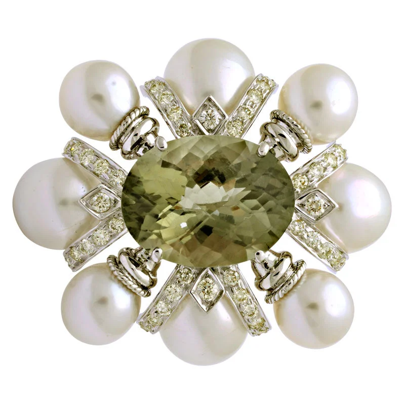 cross design brooch for women -Brooch-Green Quartz, South Sea Pearl and Diamond