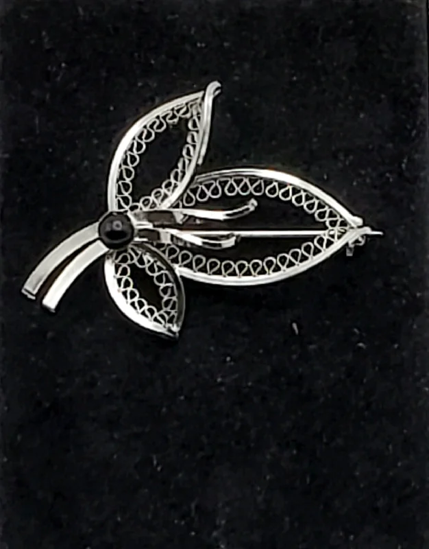 ladies silver brooch garnet stones -Vintage Silver Tone Metal Filigree Leaf Brooch