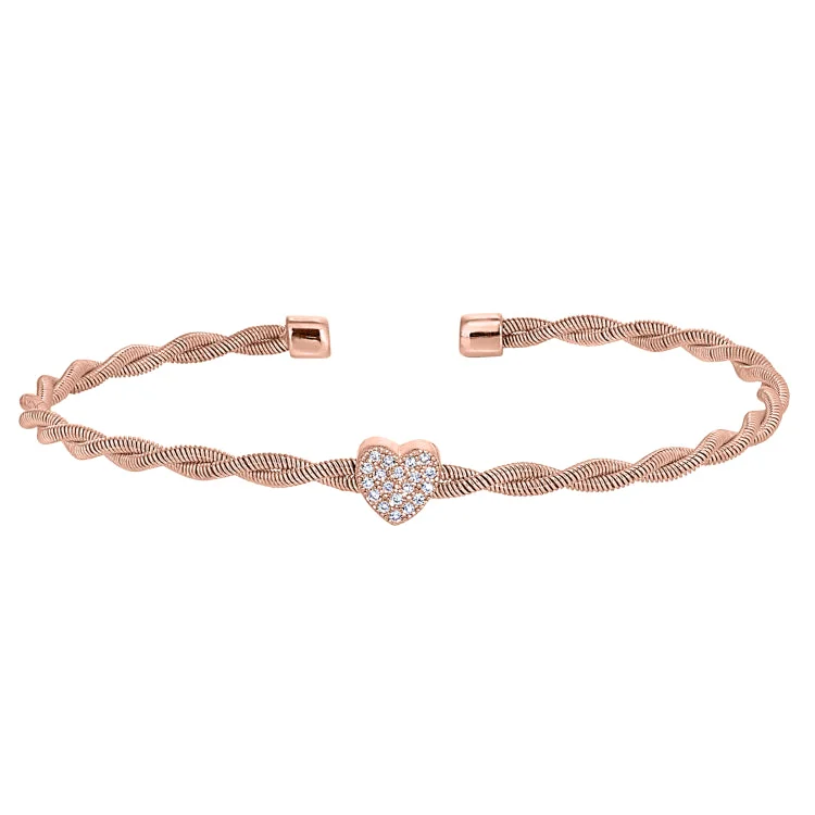 Ladies art deco bracelets -Rose Gold Finish Sterling Silver Thin Tightly Twisted Cable Cuff Bracelet with Heart with Simulated Diamonds