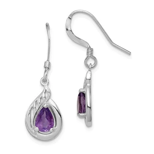 ladies silver earrings onyx stones -Sterling Silver And Amethyst Pear Fancy Dangle Earrings