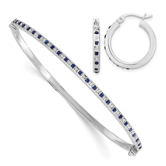 crystal earrings for women sparkling -Sterling Silver Diamond & Blue Sapphire Bangle Bracelet and Round Hoop Earrings Set