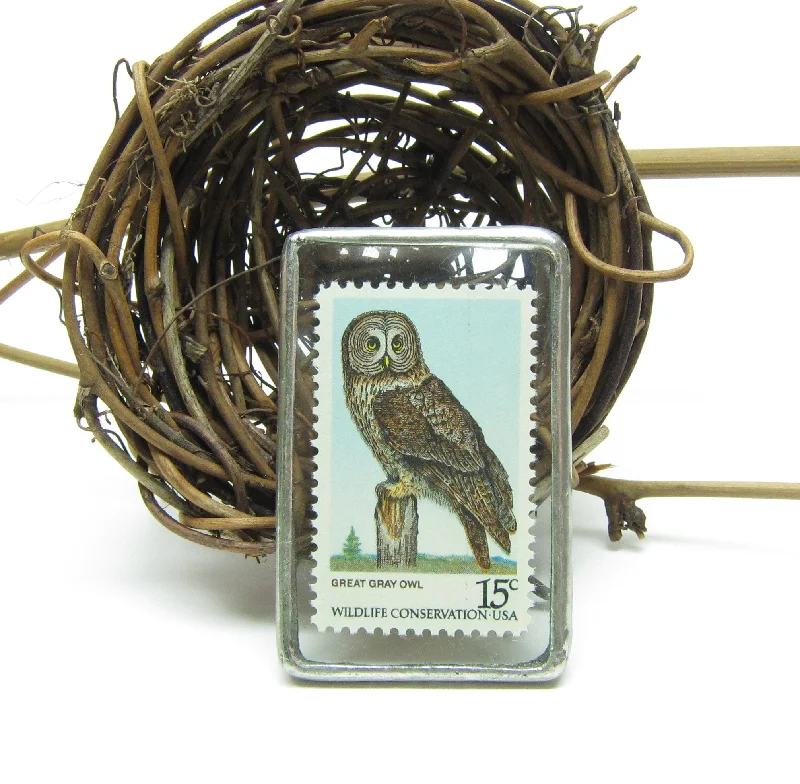 ladies silver brooch malachite stones -Owl Brooch Soldered Glass Postage Stamp Pin Great Gray Owl