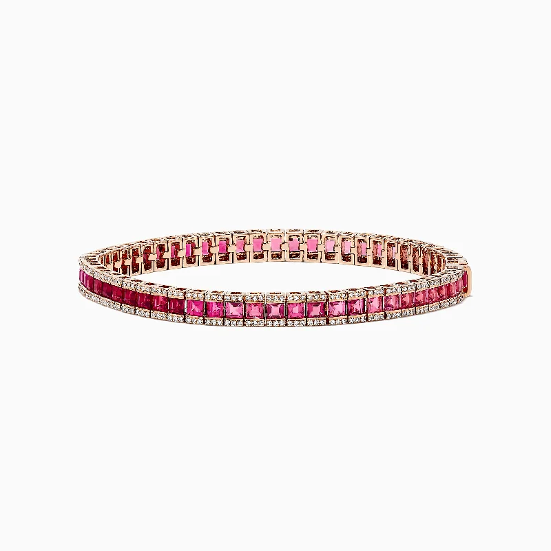 Ladies birthstone charm bracelets -14k Rose Gold Princess Cut Ruby, Pink Tourmaline Tennis Bracelet