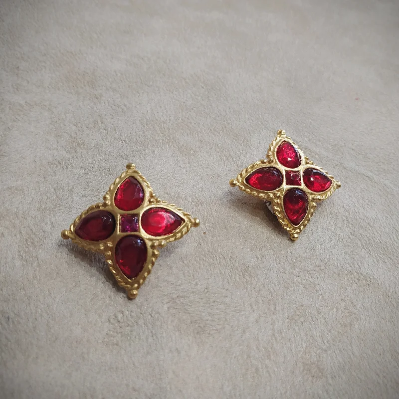 star drop earrings for women -Red Gold Star Cross clip on earrings by Rima Ariss