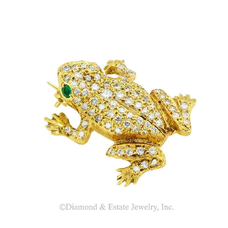 ladies brooch enamel detailing -Austrian Diamond Emerald Gold Frog Brooch