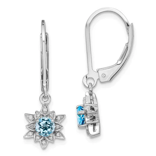 chain detail earrings for women -Sterling Silver Round Light Sky Blue Topaz & Diamond Lotus Flower Leverback Earrings