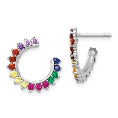 floral drop earrings for women -Sterling Silver Colorful Rainbow Open Side Hoop Earrings