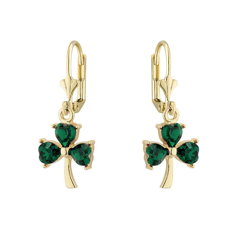 ladies earrings scalloped edges -Gold Plated Green Crystal Shamrock Drop Earrings