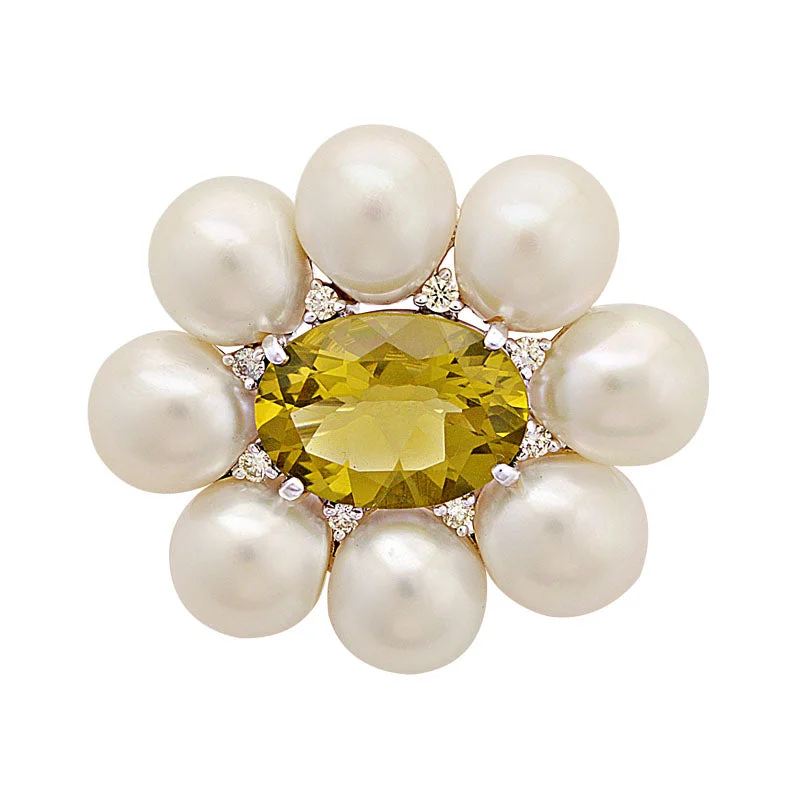 ladies silver brooch ruby stones -Brooch-Lemon Quartz, South Sea Pearl and Diamond