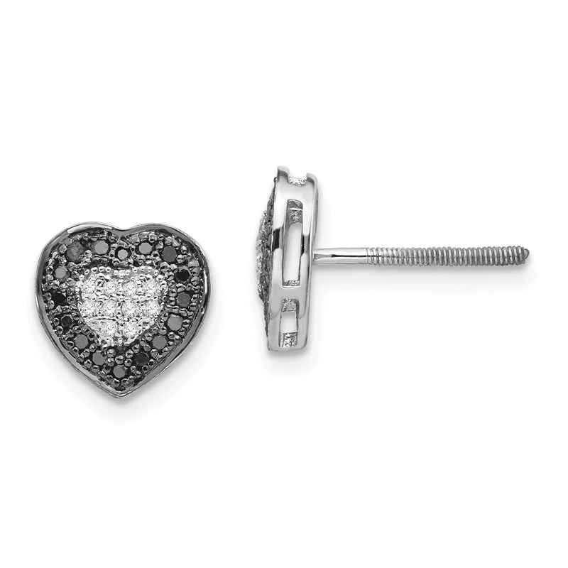 affordable hoop earrings for women -Sterling Silver Black And White Diamond Heart Halo Screw Back Earrings