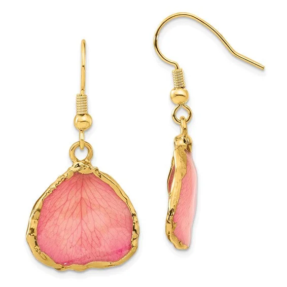 mosaic design earrings for women -Lacquer Dipped 24k Gold Trim Pink Rose Petal Dangle Earrings