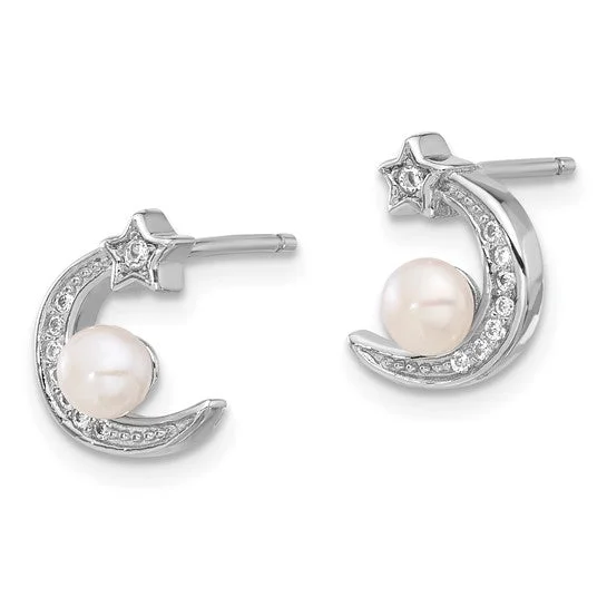 gold spiral earrings for women -Sterling Silver CZ and Freshwater Pearl Moon and Star Post Earrings