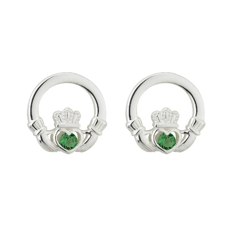 wave pattern earrings for women -Green Crystal Claddagh Stud Earrings