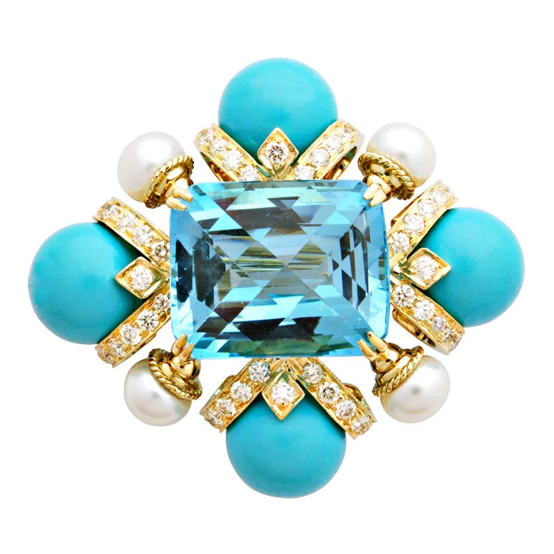 ladies silver brooch coral stones -Brooch-Blue Topaz, Turquoise, Pearl and Diamond