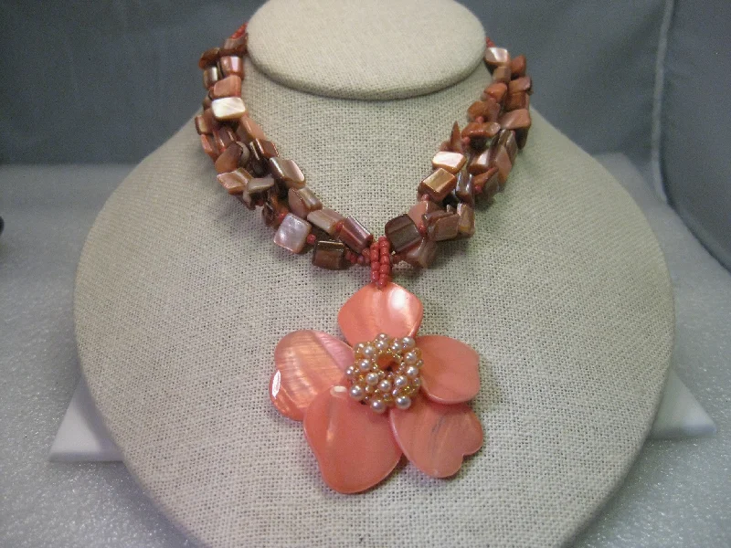 ladies white gold earrings pearls -Vintage Shell Multi-Strand Necklace, Floral Pendant & Pierced Earring Set, Coral and Browns, Seed Beads.