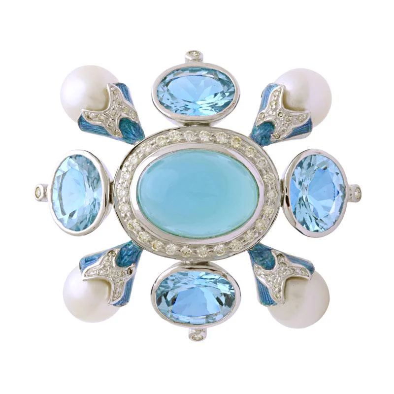 dotted pattern brooch for women -Brooch-Chalcedony, B. Topaz, South Sea Pearl and Diamond (Enamel)  (134AS)