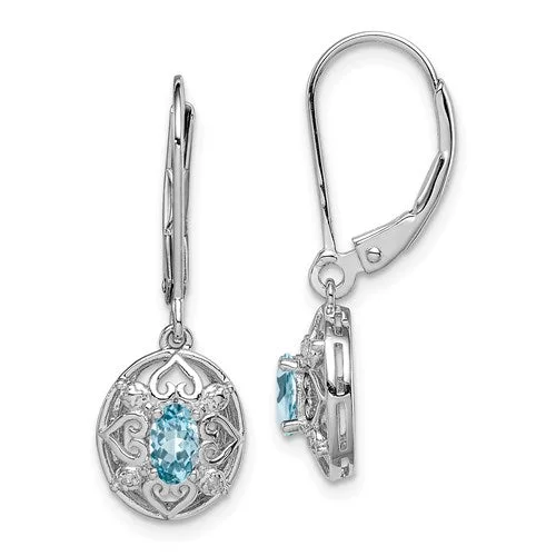 ladies silver earrings ruby stones -Sterling Silver Blue Topaz and Diamond Leverback Earrings