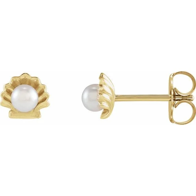 ladies gem earrings animal designs -14K Yellow Gold Cultured White Seed Pearl Shell Earrings