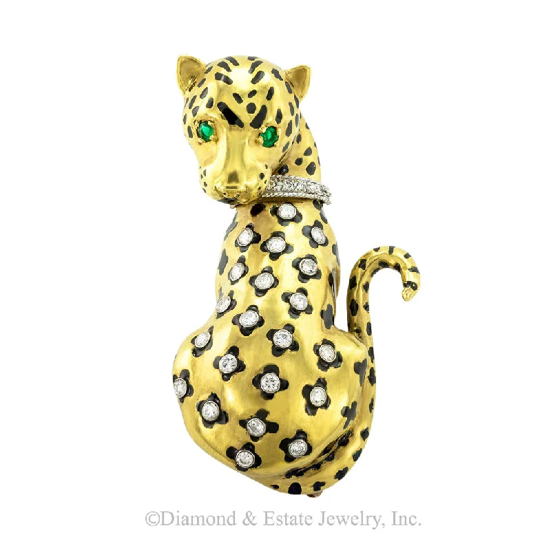 silver moon brooch for women -Diamond Black Enamel Yellow Gold Leopard Brooch