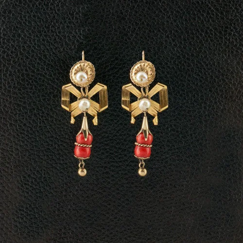 ladies rose gold earrings bar accents -Antique Coral & Pearl Earrings