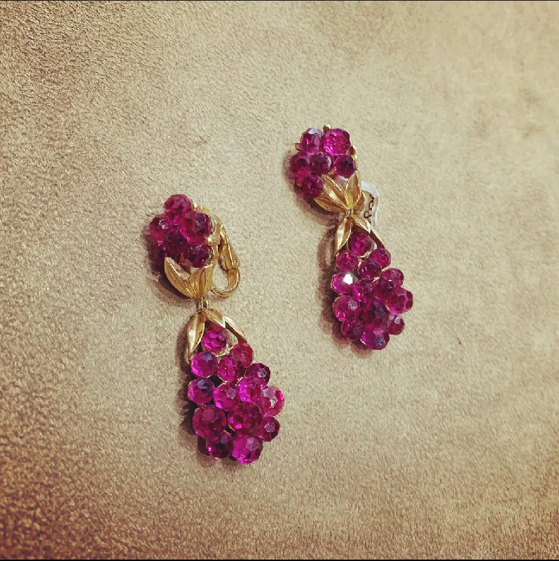 floral design earrings for women -Vintage Trifari Pink Berry Drop Earrings